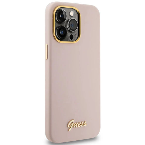 Guess - Silicone Script Metal Logo & Frame (GUHCP15LSMBSLP) - iPhone 15 Pro - Light Pink