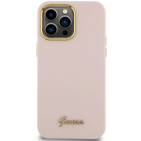 Guess - Silicone Script Metal Logo & Frame (GUHCP15LSMBSLP) - iPhone 15 Pro - Light Pink