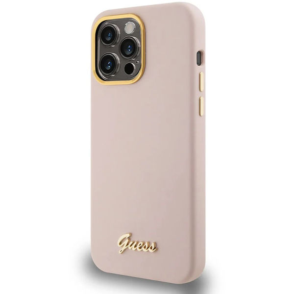 Guess - Silicone Script Metal Logo & Frame (GUHCP15LSMBSLP) - iPhone 15 Pro - Light Pink
