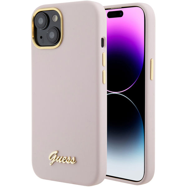 Guess - Silicone Script Metal Logo & Frame (GUHCP15SSMBSLP) - iPhone 15 - Light Pink