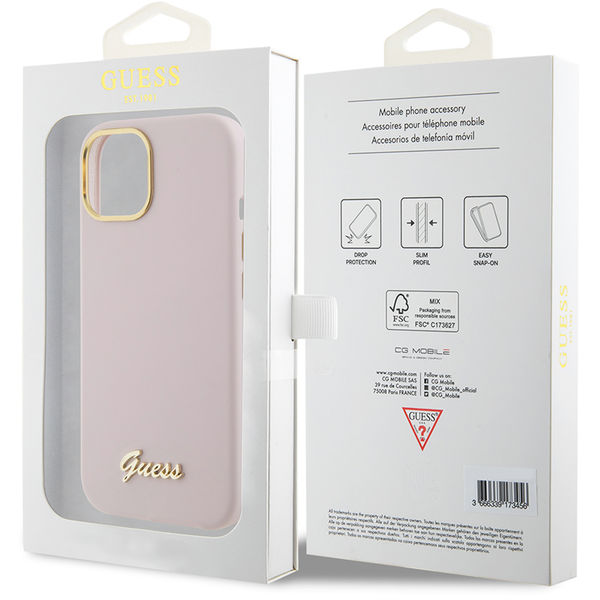 Guess - Silicone Script Metal Logo & Frame (GUHCP15SSMBSLP) - iPhone 15 - Light Pink