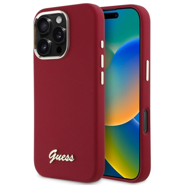 Guess - Silicone Script Metal Logo (GUHCP16LSMBSLM) - iPhone 16 Pro - Red