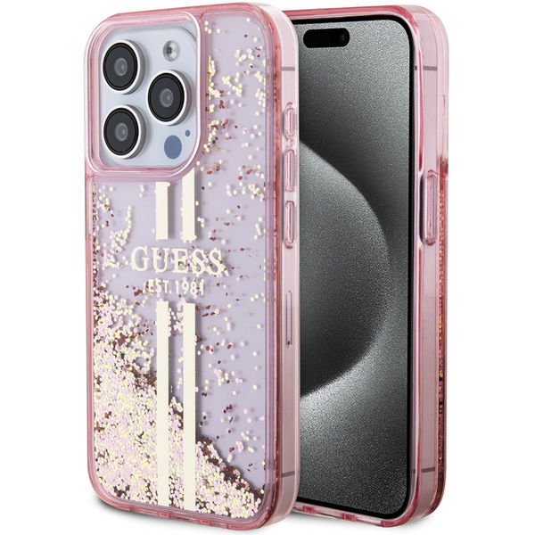Guess - Liquid Glitter Gold Stripes (GUHCP15LLFCSEGP) - iPhone 15 Pro - Pink