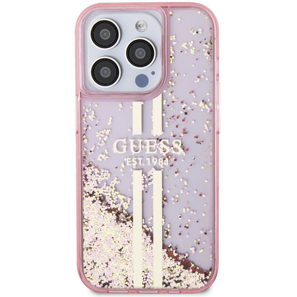 Guess - Liquid Glitter Gold Stripes (GUHCP15LLFCSEGP) - iPhone 15 Pro - Pink