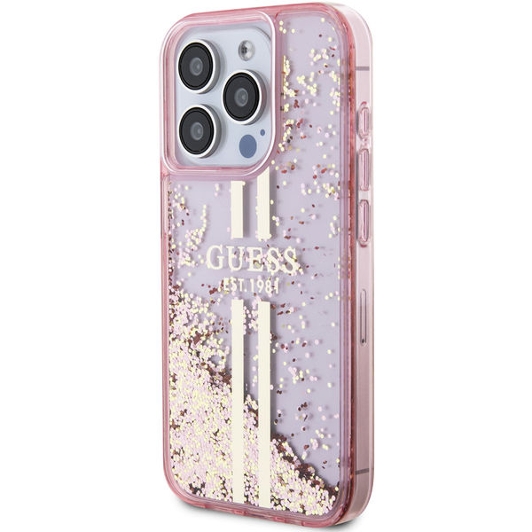 Guess - Liquid Glitter Gold Stripes (GUHCP15LLFCSEGP) - iPhone 15 Pro - Pink