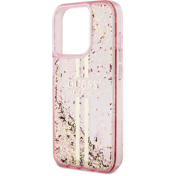 Guess - Liquid Glitter Gold Stripes (GUHCP15LLFCSEGP) - iPhone 15 Pro - Pink