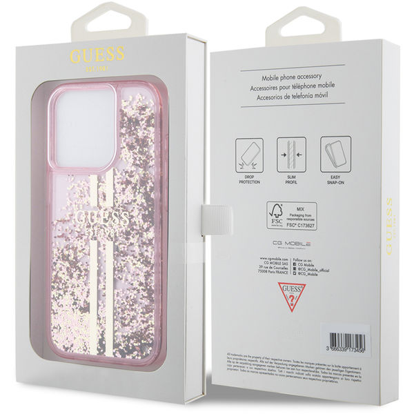 Guess - Liquid Glitter Gold Stripes (GUHCP15LLFCSEGP) - iPhone 15 Pro - Pink