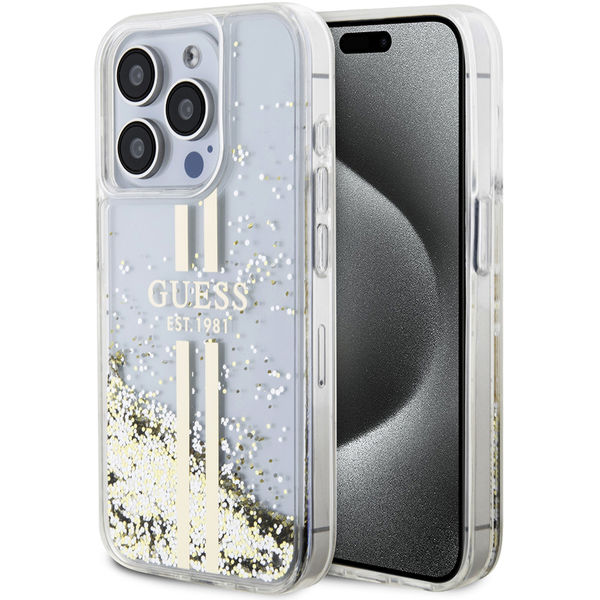 Guess - Liquid Glitter Gold Stripes (GUHCP15LLFCSEGT) - iPhone 15 Pro - Transparent