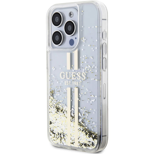 Guess - Liquid Glitter Gold Stripes (GUHCP15LLFCSEGT) - iPhone 15 Pro - Transparent