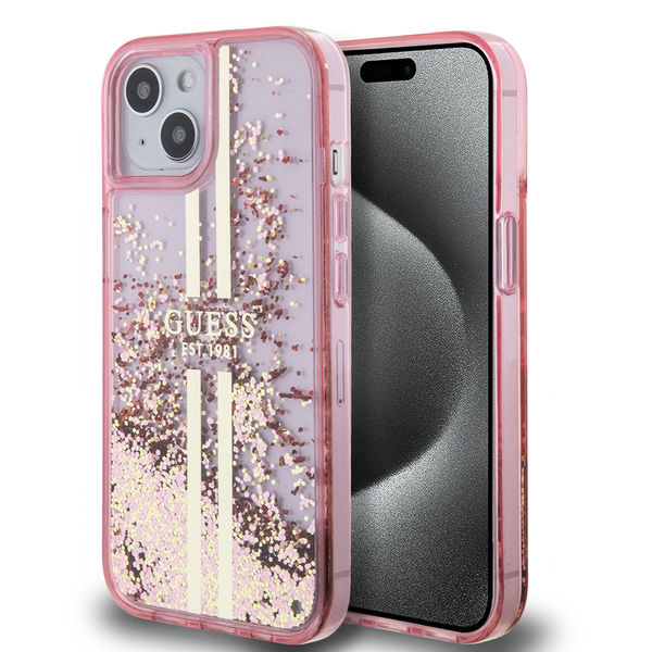 Guess - Liquid Glitter Gold Stripes (GUHCP15MLFCSEGP) - iPhone 15 Plus - Pink