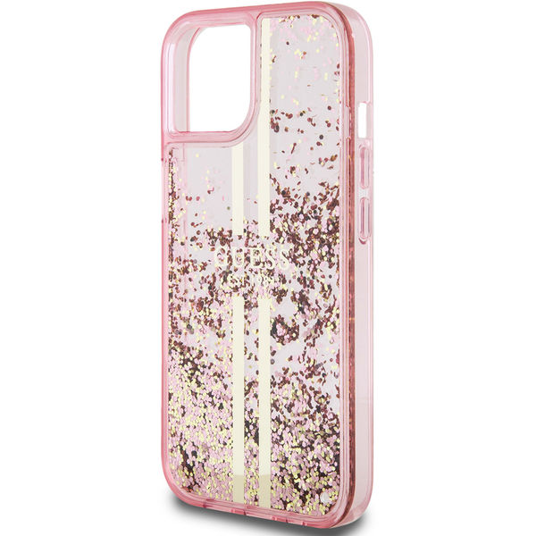 Guess - Liquid Glitter Gold Stripes (GUHCP15MLFCSEGP) - iPhone 15 Plus - Pink