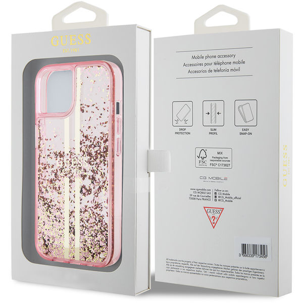 Guess - Liquid Glitter Gold Stripes (GUHCP15MLFCSEGP) - iPhone 15 Plus - Pink