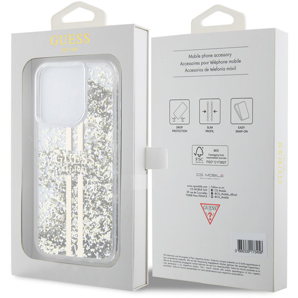 Guess - Liquid Glitter Gold Stripes (GUHCP15XLFCSEGT) - iPhone 15 Pro Max - Transparent