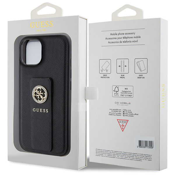 Guess - Grip Stand 4G Saffiano Strass (GUHCP15SPGSSADK) - iPhone 15 - Black