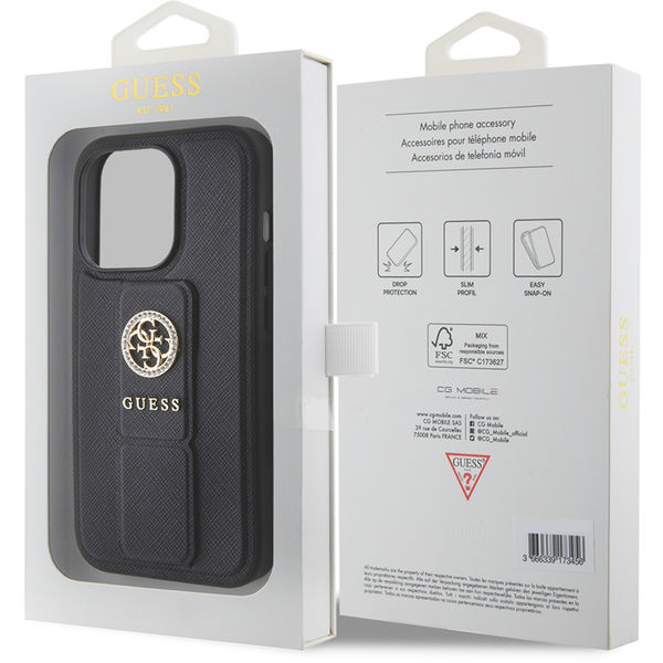Guess - Grip Stand 4G Saffiano Strass - iPhone 15 Pro Max (GUHCP15XPGSSADK) - Black