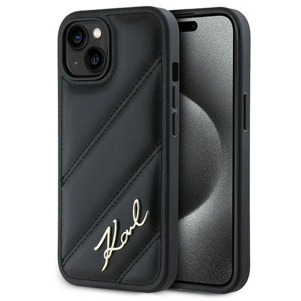 Karl Lagerfeld - Diagonal Quilted Script (KLHCP15MPQDSMGK) - iPhone 15 Plus - Black