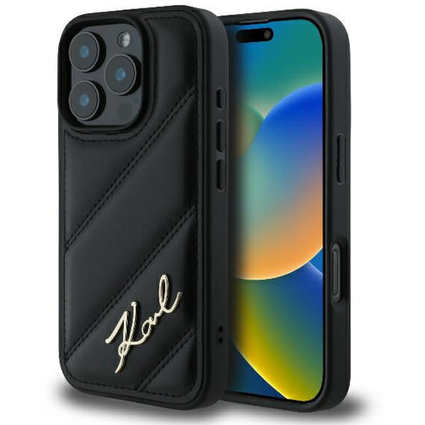 Karl Lagerfeld - Diagonal Quilted Script (KLHCP16XPQDSMGK) - iPhone 16 Pro Max - Black