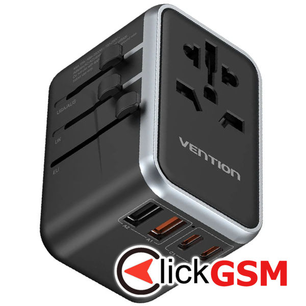 Vention - Travel Adapter (FJFB0) - 2x USB-C, 2x USB, EU, UK, AUS, US, 65W, GaN Technology, Fast Charging - Black