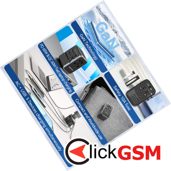 Vention - Travel Adapter (FJFB0) - 2x USB-C, 2x USB, EU, UK, AUS, US, 65W, GaN Technology, Fast Charging - Black