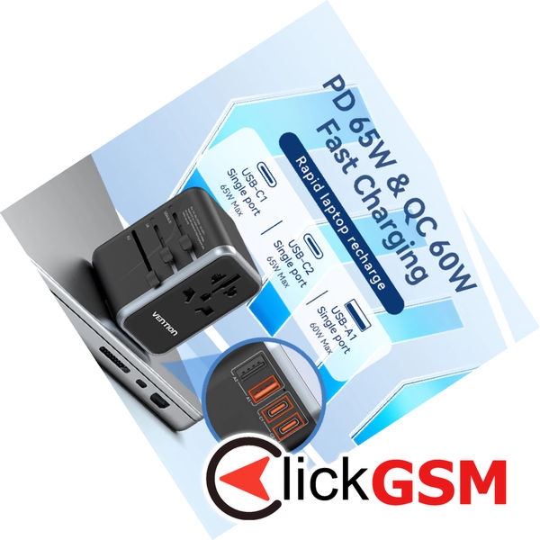 Vention - Travel Adapter (FJFB0) - 2x USB-C, 2x USB, EU, UK, AUS, US, 65W, GaN Technology, Fast Charging - Black