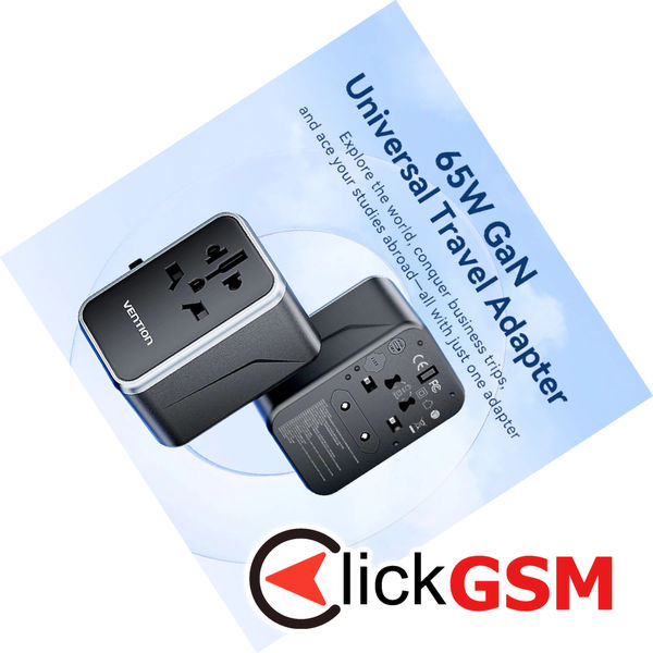 Vention - Travel Adapter (FJFB0) - 2x USB-C, 2x USB, EU, UK, AUS, US, 65W, GaN Technology, Fast Charging - Black