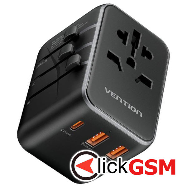 Vention - Travel Adapter (FJEB0) - Type-C, 2x USB, EU, UK, AUS, US, 20W, Fast Charging, Compact - Black