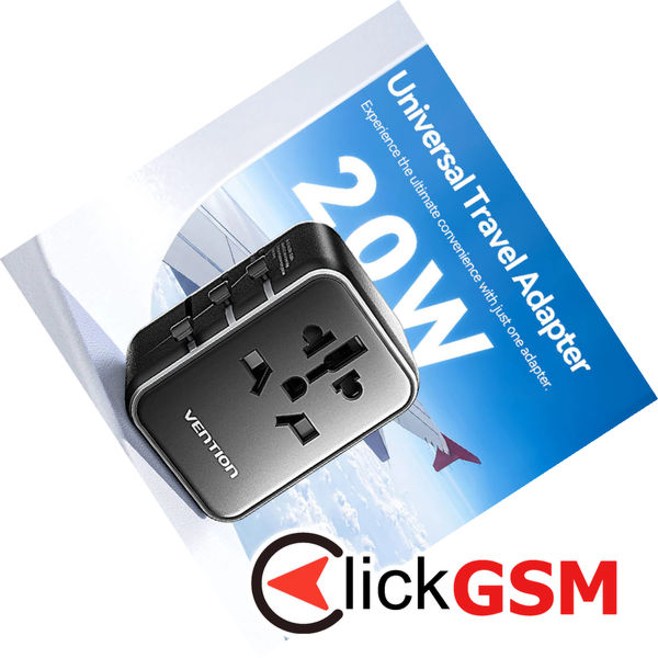 Vention - Travel Adapter (FJEB0) - Type-C, 2x USB, EU, UK, AUS, US, 20W, Fast Charging, Compact - Black