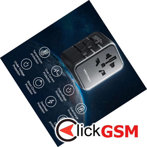 Vention - Travel Adapter (FJEB0) - Type-C, 2x USB, EU, UK, AUS, US, 20W, Fast Charging, Compact - Black