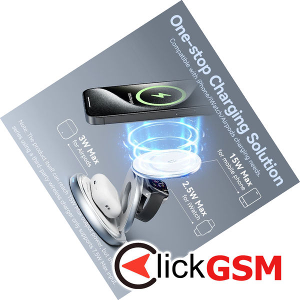 Vention - Wireless Charger (FGEI0) - 15W, 3in1 Fast Charging, Magnetic Stand, MagSafe, 360° Rotation, Foldable - Silver