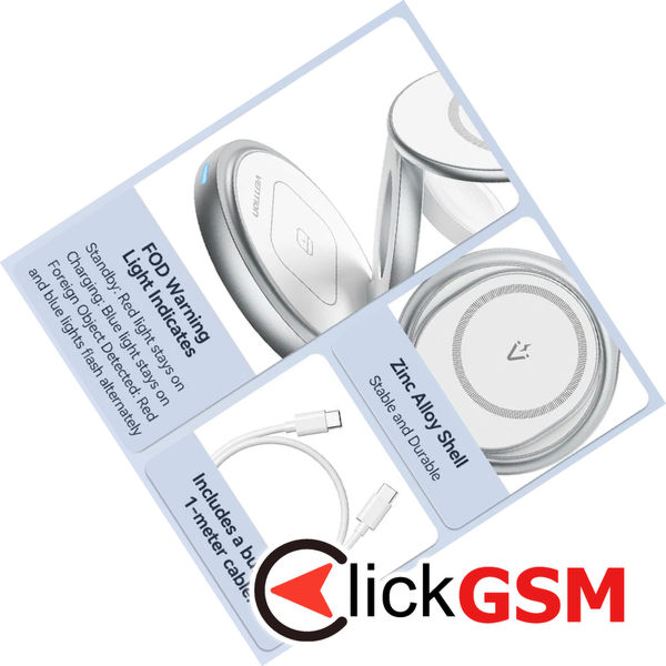 Vention - Wireless Charger (FGEI0) - 15W, 3in1 Fast Charging, Magnetic Stand, MagSafe, 360° Rotation, Foldable - Silver