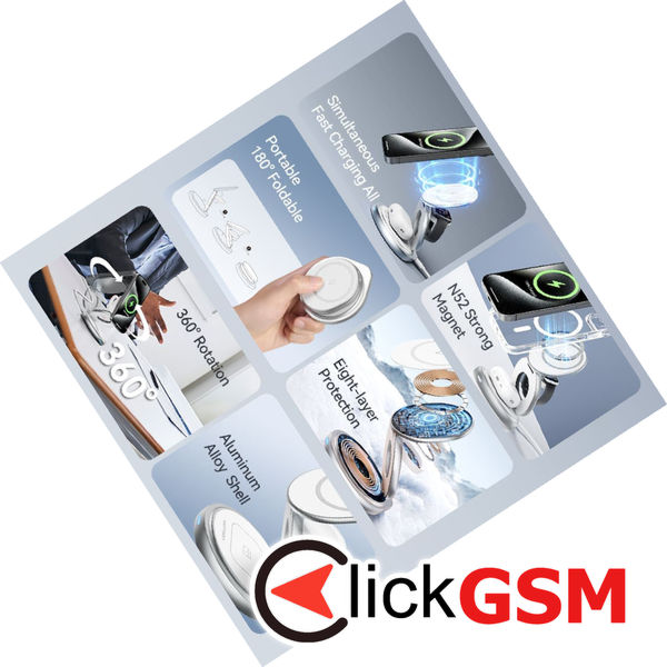 Vention - Wireless Charger (FGEI0) - 15W, 3in1 Fast Charging, Magnetic Stand, MagSafe, 360° Rotation, Foldable - Silver