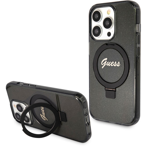 Guess - Ring Stand Script Glitter MagSafe (GUHMP15LHRSGSK) - iPhone 15 Pro - Black