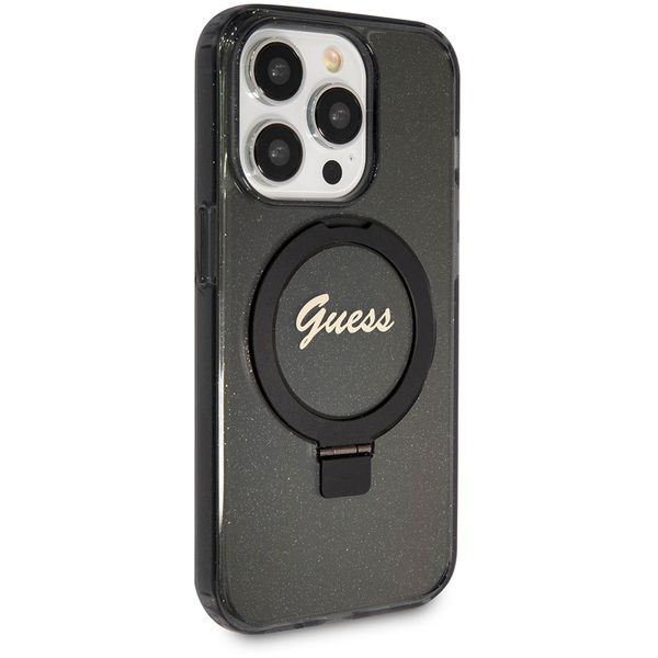 Guess - Ring Stand Script Glitter MagSafe (GUHMP15LHRSGSK) - iPhone 15 Pro - Black