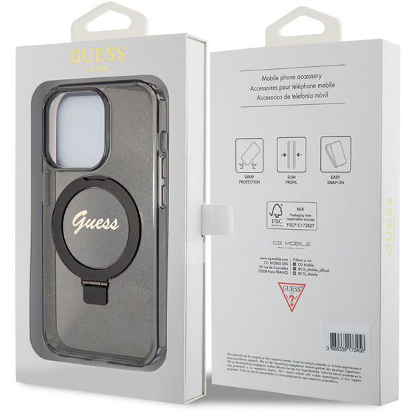 Guess - Ring Stand Script Glitter MagSafe (GUHMP15LHRSGSK) - iPhone 15 Pro - Black