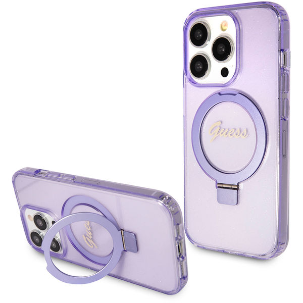 Guess - Ring Stand Script Glitter MagSafe - iPhone 15 Pro (GUHMP15LHRSGSU) - Purple