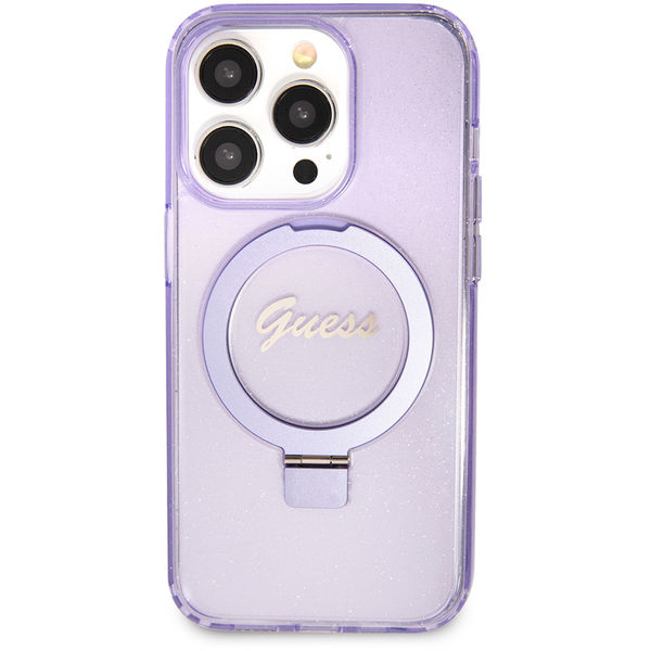 Guess - Ring Stand Script Glitter MagSafe - iPhone 15 Pro (GUHMP15LHRSGSU) - Purple
