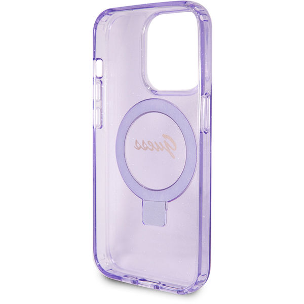 Guess - Ring Stand Script Glitter MagSafe - iPhone 15 Pro (GUHMP15LHRSGSU) - Purple