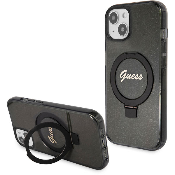 Guess - Ring Stand Script Glitter MagSafe (GUHMP15MHRSGSK) - iPhone 15 Plus - Black