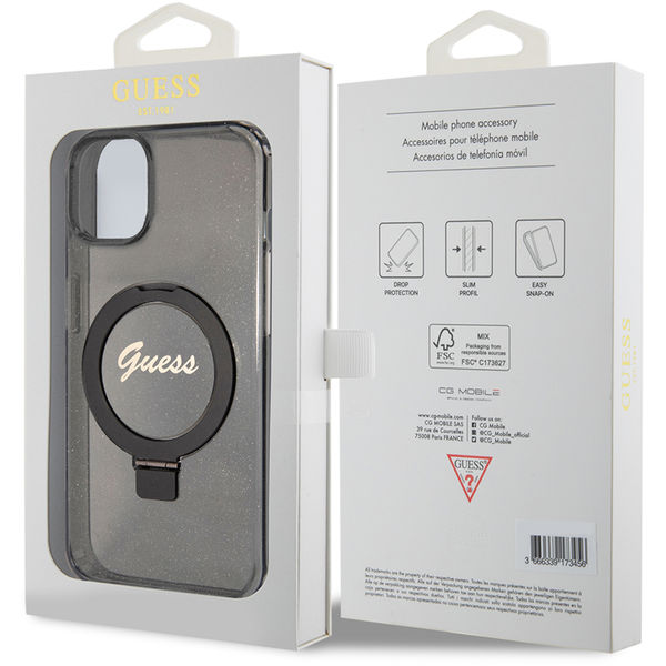 Guess - Ring Stand Script Glitter MagSafe (GUHMP15MHRSGSK) - iPhone 15 Plus - Black