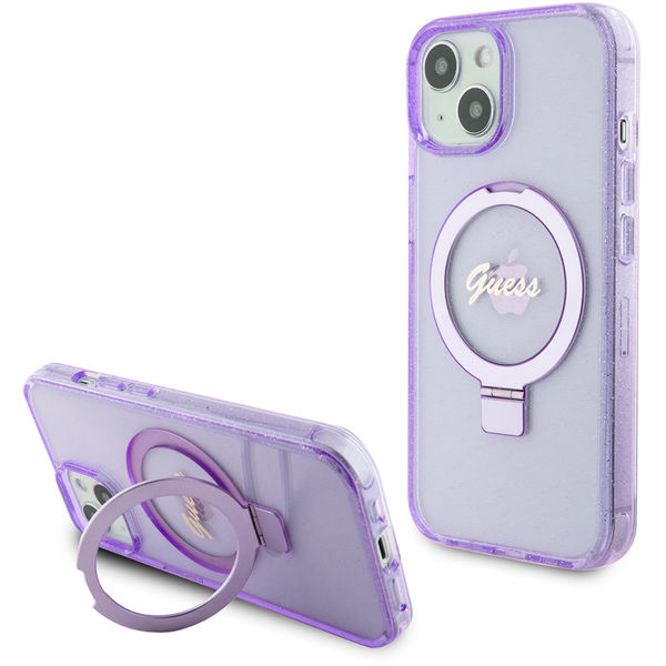 Guess - Ring Stand Script Glitter MagSafe (GUHMP15MHRSGSU) - iPhone 15 Plus - Purple