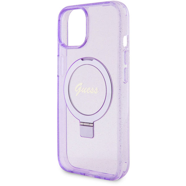 Guess - Ring Stand Script Glitter MagSafe (GUHMP15MHRSGSU) - iPhone 15 Plus - Purple