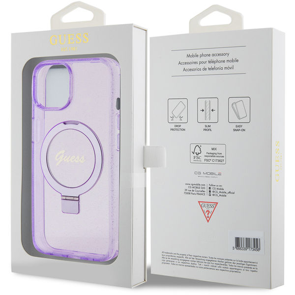 Guess - Ring Stand Script Glitter MagSafe (GUHMP15MHRSGSU) - iPhone 15 Plus - Purple
