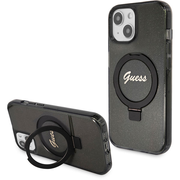 Guess - Ring Stand Script Glitter MagSafe (GUHMP15SHRSGSK) - iPhone 15 - Black