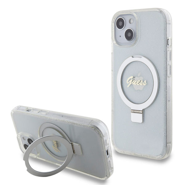Guess - Ring Stand Script Glitter MagSafe (GUHMP15SHRSGSD) - iPhone 15 - Clear