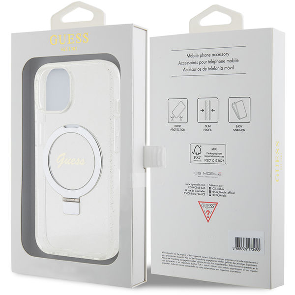 Guess - Ring Stand Script Glitter MagSafe (GUHMP15SHRSGSD) - iPhone 15 - Clear