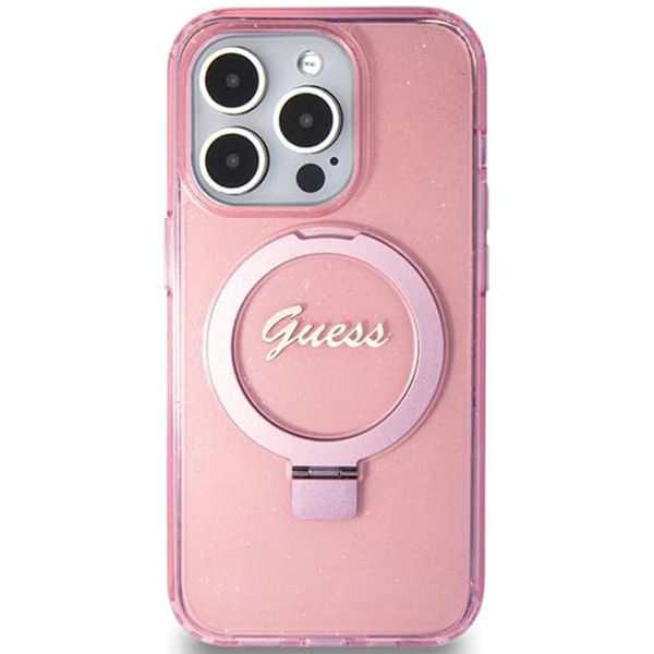 Guess - Ring Stand Script Glitter MagSafe (GUHMP15XHRSGSP) - iPhone 15 Pro Max - Pink