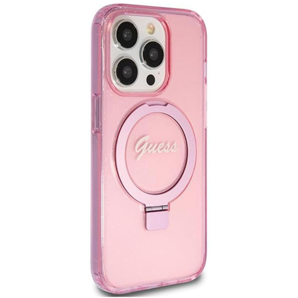 Guess - Ring Stand Script Glitter MagSafe (GUHMP15XHRSGSP) - iPhone 15 Pro Max - Pink