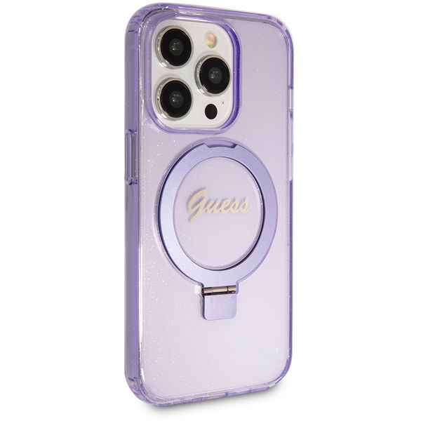 Guess - Ring Stand Script Glitter MagSafe (GUHMP15XHRSGSU) - iPhone 15 Pro Max - Purple