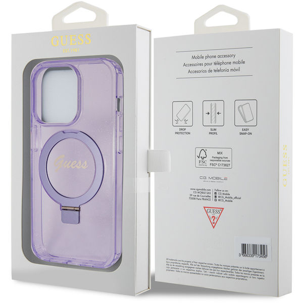 Guess - Ring Stand Script Glitter MagSafe (GUHMP15XHRSGSU) - iPhone 15 Pro Max - Purple