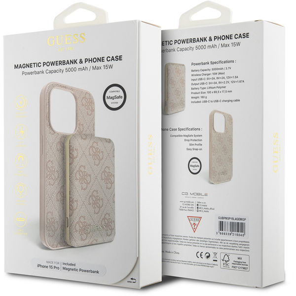 Guess - Hardcase Powerbank MagSafe (GUBPM5P15L4GEMGP) - iPhone 15 Pro - Pink